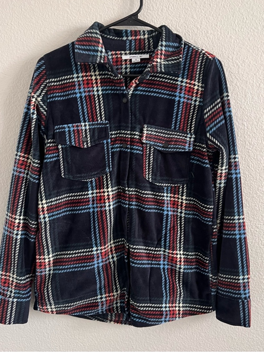 O’Neill Men's Small Fleece Jacket Shirt Plaid Skater Black Blue Snap Button 